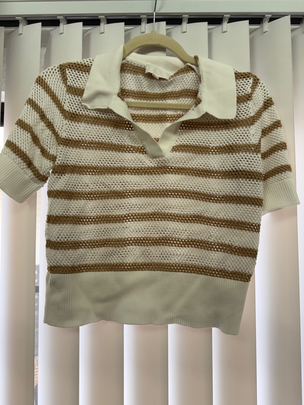 Striped Knit Polo Top in Cream and Tan